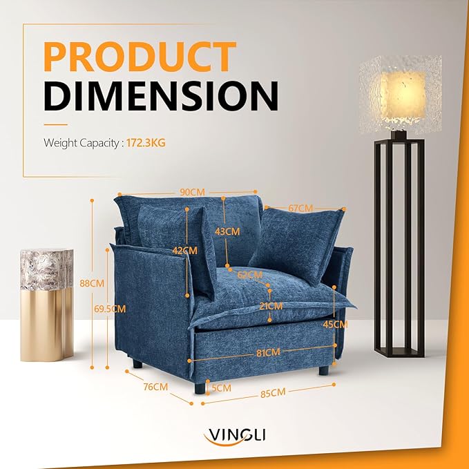 VINGLI Blue Accent Chair 34 Width Oversized Reading Chair Upholstered Armchair Soft Chenille Fabric Living Room Chairs Sofa for Adults Bedroom Home Office Play Room