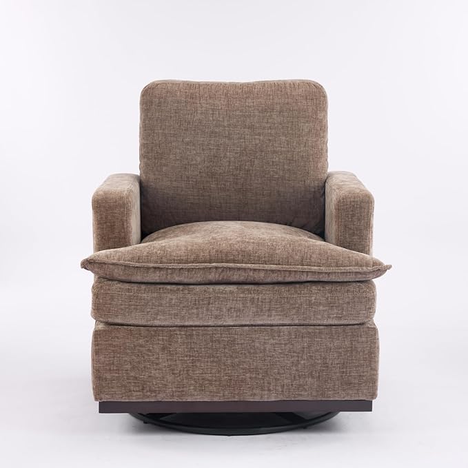 VINGLI 360° Swivel Mid-Century Modern Accent Armchair with Double-Layer Seat Cushions Comfy Single Square Sofa Upholstered Club Chair for Living RoomBedroom Reading Room Chenille Khaki