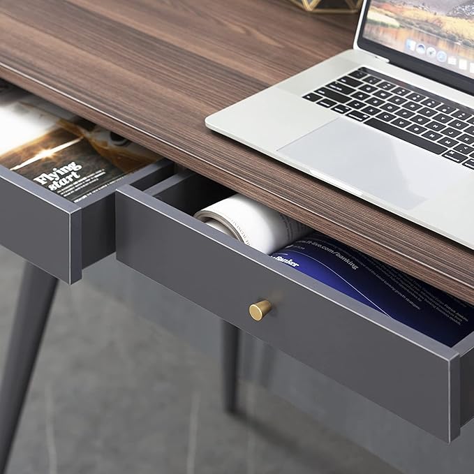 kevinplus Mid-Century Modern Desk for Home Office Bedroom Small Computer Desk Writing Desk with 3 Storage Drawers Metal Legs Walnut &amp Dark Grey