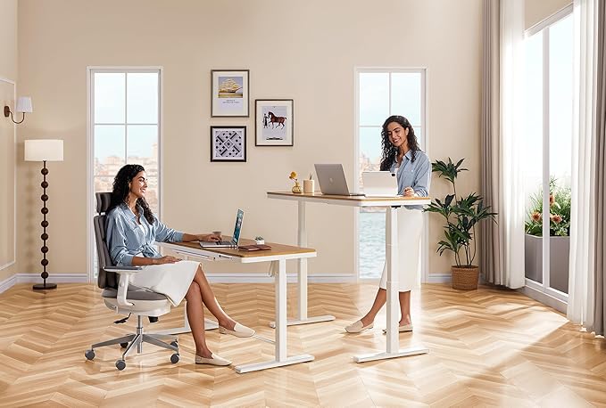 KINGSMITH 55x24 Inches Whole Piece Electric Standing Desk with Drawer Height Adjustable Stand up Desk for Home Office Ergonomic Sit to Stand Desk Computer Workstation Origin Wood