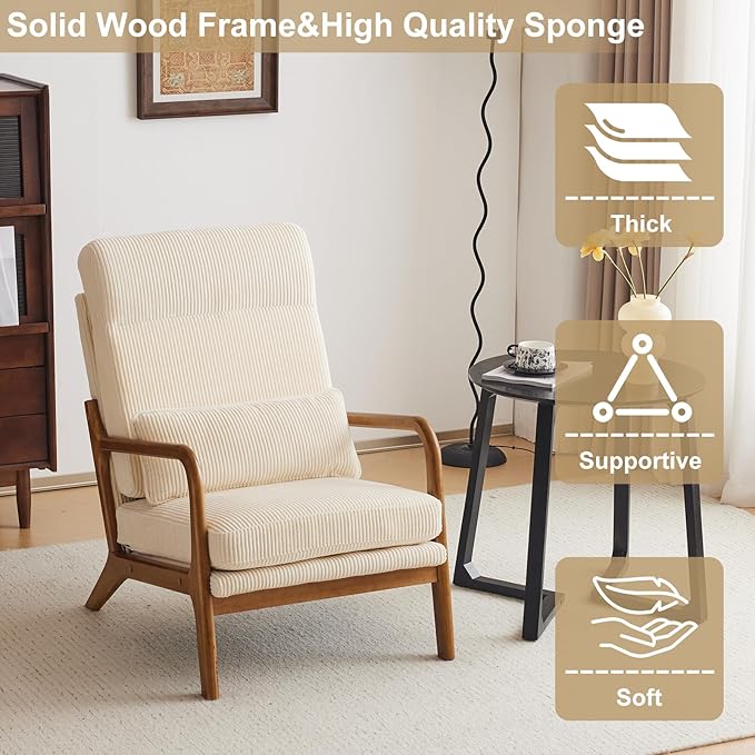 Karl home Mid-Century Modern Accent Chair Living Room Chairs with Pillow High Back Corduroy Upholstered Lounge Armchair with Solid Wood Frame &amp Soft Cushion for Bedroom Reading Room Beige
