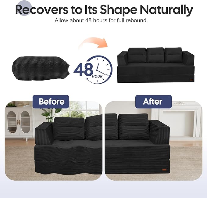 COMAX Futon Sofa Bed Queen 79 Convertible Sofa Bed Couches for Living Room 4 in 1 Folding Boneless Sleeper Corduroy Couch Loveseat Foam In a Box Comfy Foldable Lounge Fold Out Floor Mattress Black