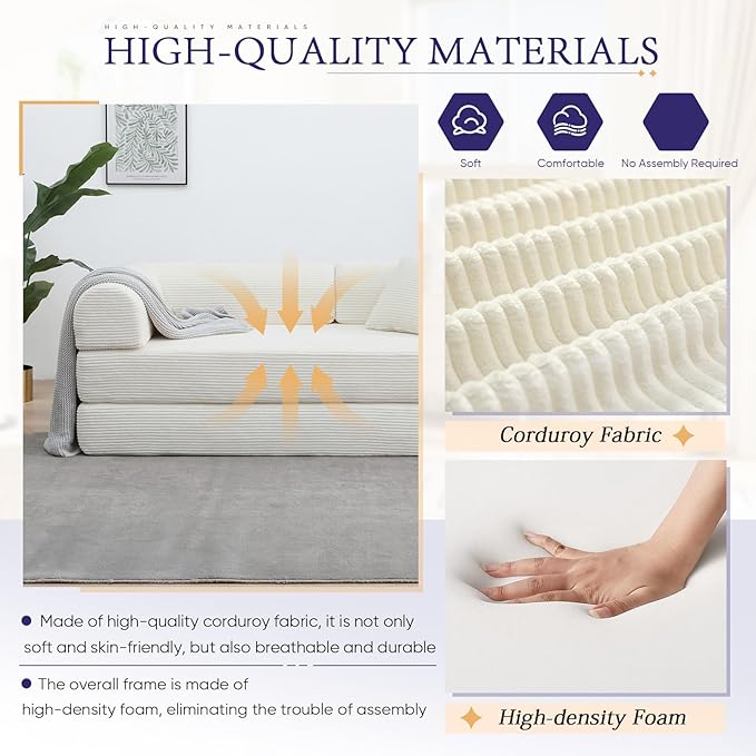 Convertible Folding Sofa Bed Corduroy Sleeper Mattress Couch with Fixed-Shape Frame Free Combination Loveseat Lounge Floor Sofa Queen Size Memory Foam Couch for Living Room Bedroom White