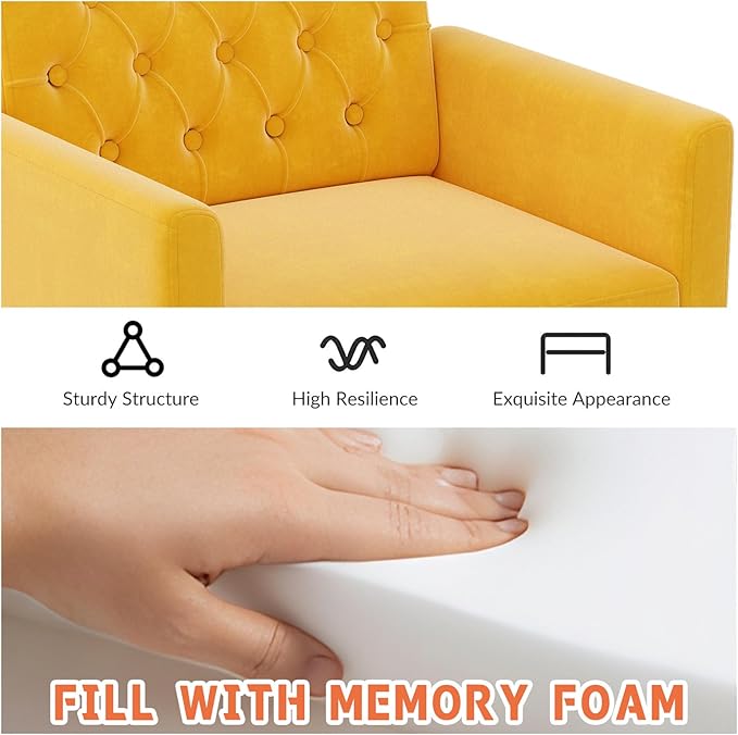 Yellow Accent Chair for Living RoomBedroom | Mid Century Modern Velvet Armchair with Leg and Tufted BackComfy Small Single Reading Chair (Yellow)