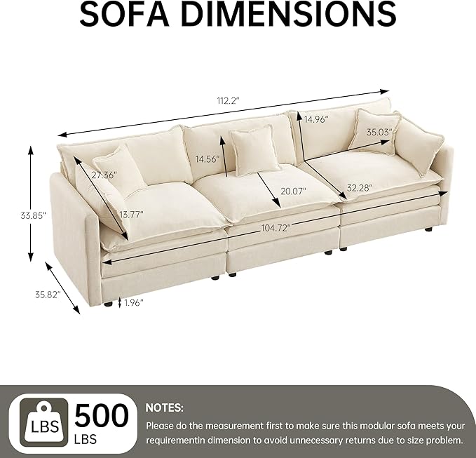 Modular Sectional Sofa 112.2 Inch Rectangle Shaped Couch Set with Armrests 3-Seater Comfy Cloud Couches for Living Room Apartment Beige