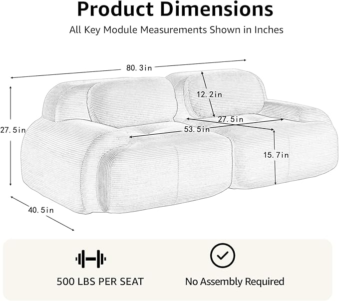 80 Modern Modular Boneless Sectional Couches for Living Room 2 Seater Deep Seat Compressed Sofa Set No Assembly Required Corduroy Fabric Cloud Comfy Loveseat Sofas para Sala Green