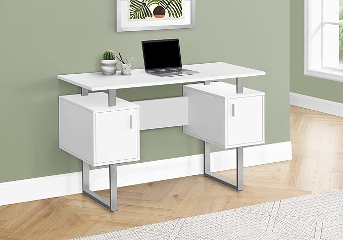 Computer Desk Home Office Laptop Storage 48 l Work White Laminate Grey Metal Contemporary Modern