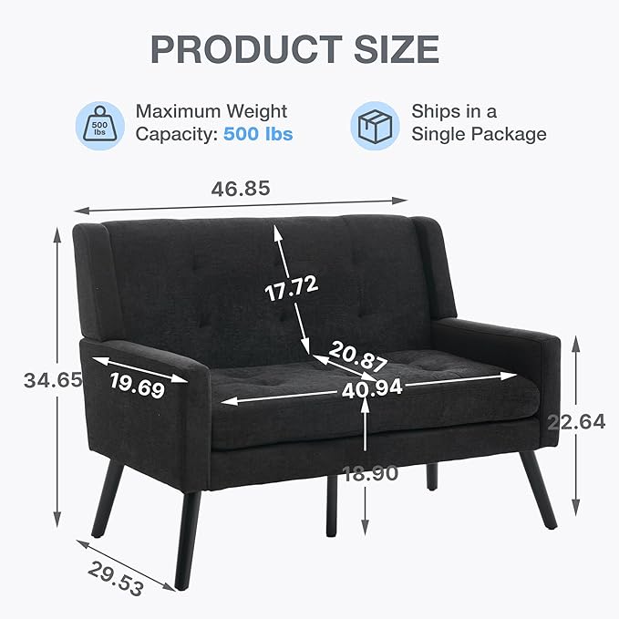 Mid-Century Modern 47 Small Loveseat &amp Accent Chair Combo Set Plush Linen Fabric with Button Tufted High Back &amp Solid Wood Legs for Apartment Living Room Bedroom Home Office (Black 2-Pie