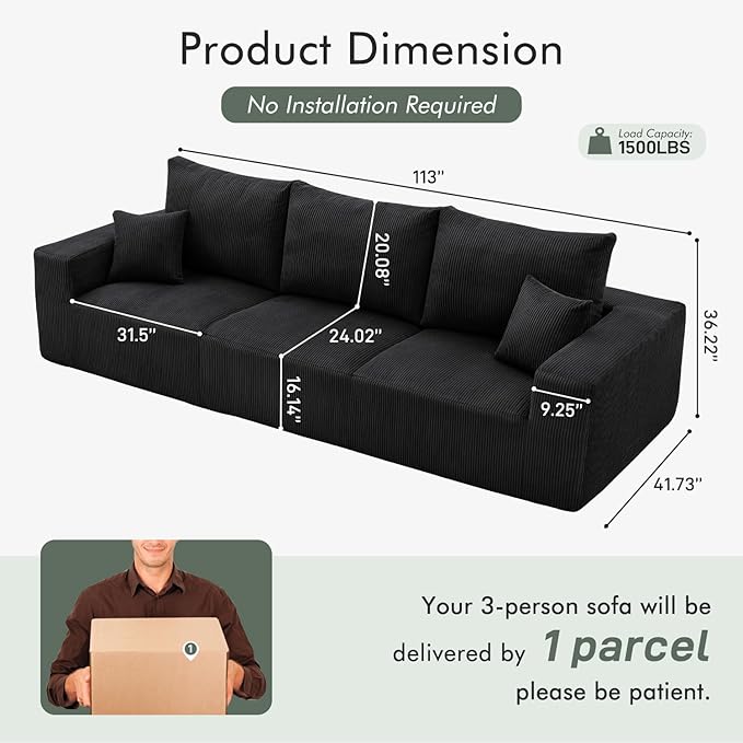 113 Modular Sectional Couch Cloud Boneless Sofa with Deep Seats Upholstered Corduroy Sleeper Sofa Bed with 3-Seater for Living Room No Assembly Required Black