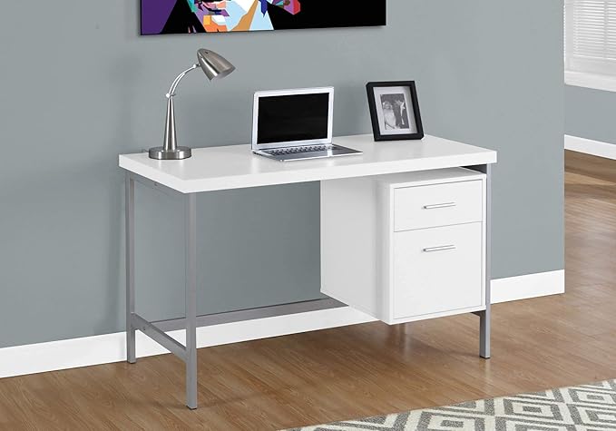 Monarch Specialties Contemporary Laptop Table with Drawer and File Cabinet Home &amp Office Computer Desk-Metal Legs 48 L White-Silver