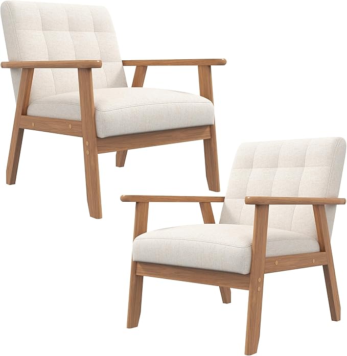 Westice Accent Chair Set of 2 Mid-Century Modern Living Room Chairs with Solid Wood Frame &amp Soft Thicken Cushion Upholstered Arm Reading Chair for Bedroom Balcony Beige Linen Fabric &amp Natu