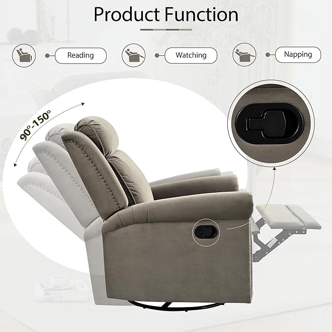 360° Swivel Recliner Chair with Adjustable Backrest Manual Rocking Recliner Home Theater Manual Recliner Chair with Metal Base and Velvet Fabric for Living Room (Light Brown 2)