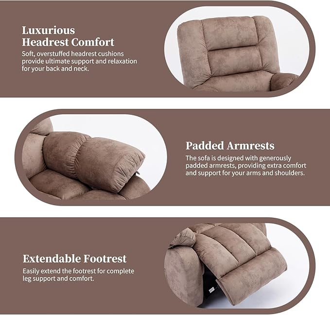Massage Recliner Chair with Heat and Massage Ergonomic Overstuffed Breathable Fabric Reclining Chairs Single Sofa Chair with Side Pockets for Living Room Home Theater (Caramel)