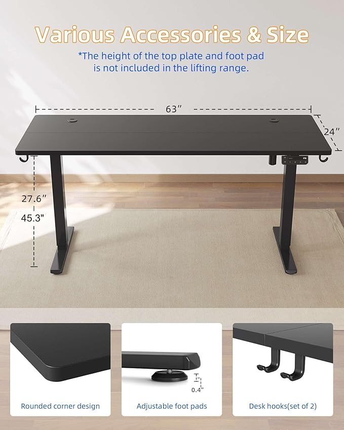 YIHAYO Electric Standing Desk 63 x 24 Inches Stand Up Desk with Splice Board Adjustable Height Desk Computer Desk for Home Office Black Frame/Black Top