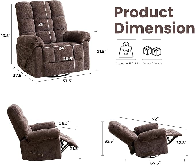 Oversized Swivel Rocker Recliner with Massage and Heat Overstuffed Rocking Chair with High Back Manual Rocker Recliner for Adults &amp Big Man Comfy Soft Recliner Chair Coffee Chenille