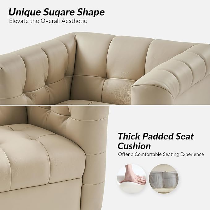 HULALA HOME Genuine Leather Swivel Accent Chair with Wooden Base Mid Century Modern Square Accent Chair for Living Room Bedroom Club Beige