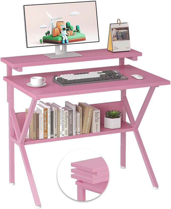 COTUBLR Small Desk 27.5 Inch Small Computer Desk for Spaces Computer Desks with Adjustable Monitor Stand Compact Desks with Storage Tiny Study Table for Bedroom Home Office Pink
