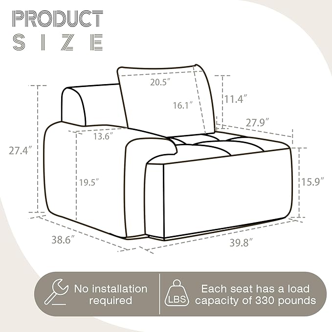 Modular Sectional Sofa Boneless Couches for Living Room Corduroy Couch Big Comfy Couch Modular Cloud Sofa with Deep Seat (Black 1 Piece-Left Armchair)