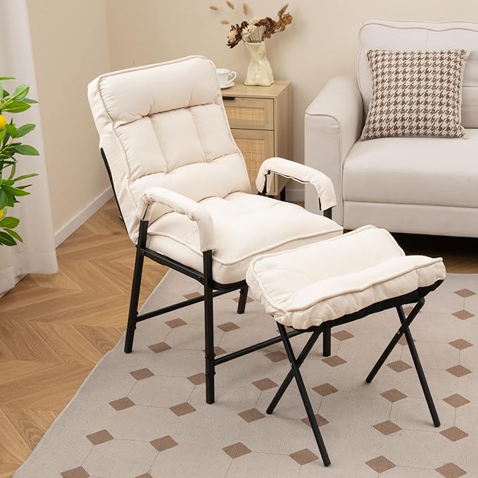 Giantex Modern Accent Chair with Ottoman Upholstered Arm Chair with Adjustable Backrest &amp Solid Metal Frame Linen Fabric Single Sofa Chair and Footrest Set for Bedroom Living Room (Beige)