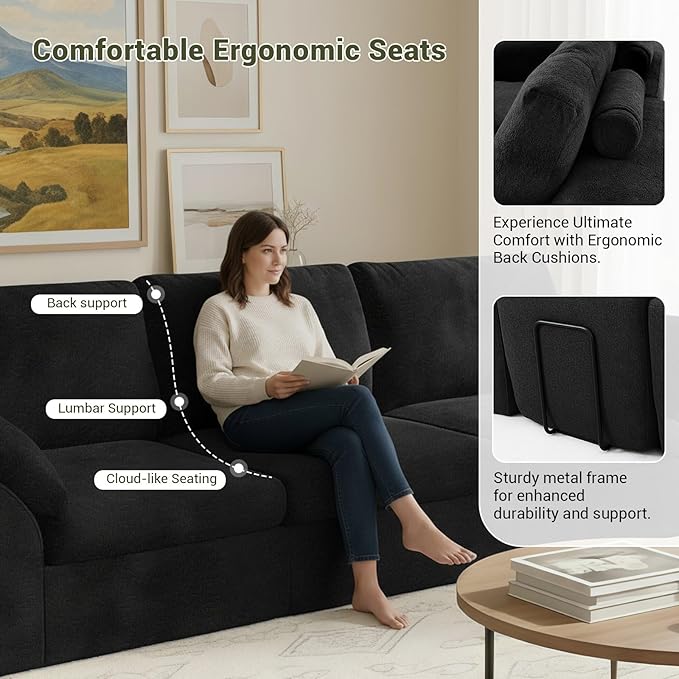 78.8 Cloud Sectional Couch Comfy 2 Seater Boneless Couch No Assembly Required Couches for Living Room Deep Seat Modular Sectional Sofa (Plush Black)