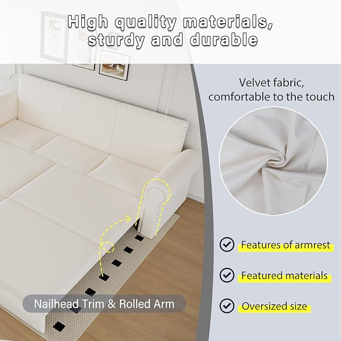93.7 King Pull Out Sofa Bed Velvet Sleeper Sofa Couch 3 in 1 Convertible Futon Couches for Living Room Small Space Apartment Office Bedroom Modern Rivet Armrest Beige