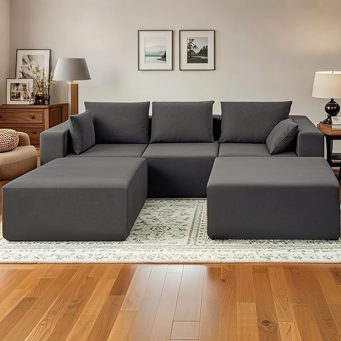 Cloud Sectional Couch 110 Inch Modern Modular Sectional U-Shaped Chenille Cloud Sofa with 2 Movable Ottomans Deep Seat Boneless Upholstered Couches for Living RoomNo Assembly RequiredGrey