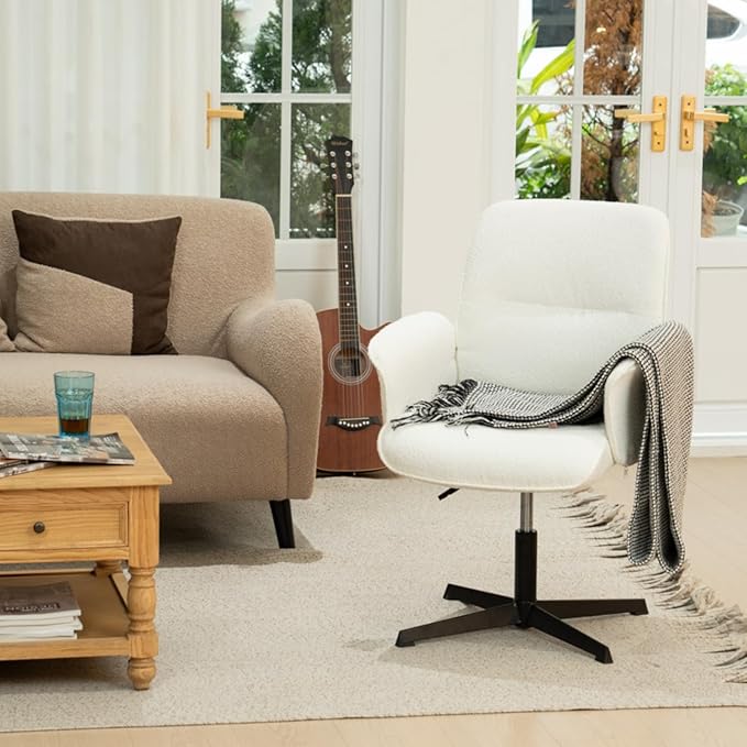 FurnitureR Relax Chair Featuring Fashionable Loop Yarn 12.6 INCHES X Base. Unique Living Room Chair with 360° Swivel Function and Height Adjustment Function White