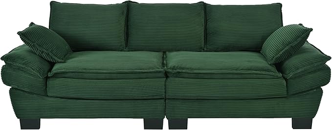 Merax 85.4 Modern Curved Corduroy Fabric Sofa Back Upholstered Couch with 2 Decorative Throw Pillows for Living Room Bedroom Apartment Dark Green