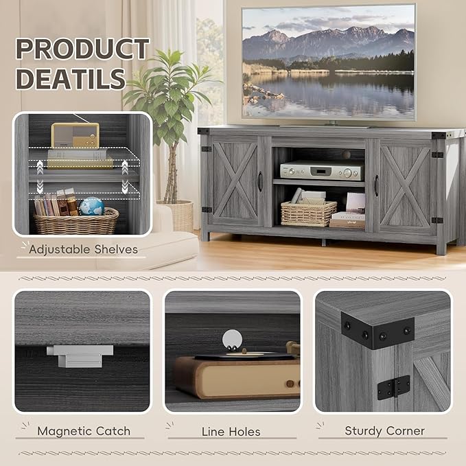 YESHOMY Modern Farmhouse TV Stand with Two Barn Doors and Storage Cabinets for Televisions up to 65+ InchEntertainment Center Console TableMedia Furniture for Living RoomRustic Gray