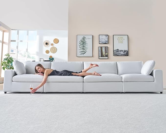 PaPaJet Modular Sectional Sofa 114 Inches Oversized Down Filled Sectional Sofa 4 Seats L Shaped Comfy Couch with Chaise Ottoman Could Sofa for Living Room White Linen Couch Set