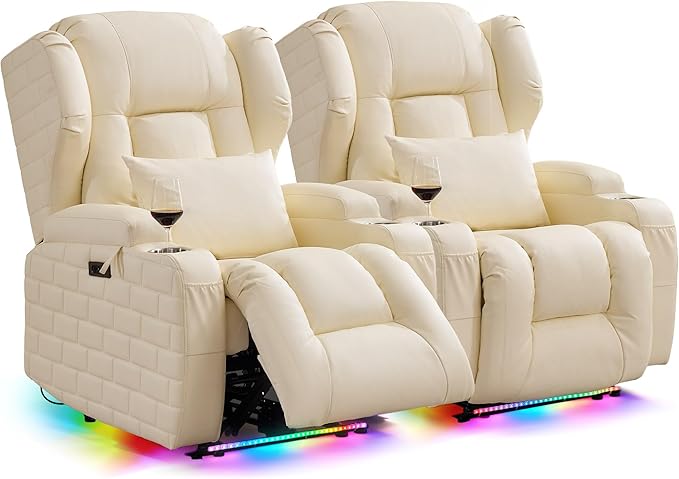 Wall Hugger Power Recliner Chair with Heat and Massage Overstuffed Reclining Sofa Chair for Living Room Home Theater RV with 3-Side LED Lights/Cup Holders/USB &amp Type C Port (White)