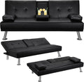 Convertible Futon Sofa BedPU Leather Modern Couch Loveseat Sleeper Folding Daybed Guest Bed Removable Armrests 2 Cup Holders Metal Legs (Black)