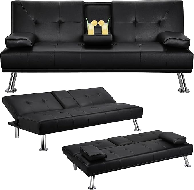 Convertible Futon Sofa BedPU Leather Modern Couch Loveseat Sleeper Folding Daybed Guest Bed Removable Armrests 2 Cup Holders Metal Legs (Black)