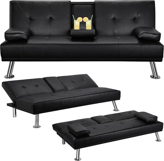 Convertible Futon Sofa BedPU Leather Modern Couch Loveseat Sleeper Folding Daybed Guest Bed Removable Armrests 2 Cup Holders Metal Legs (Black)