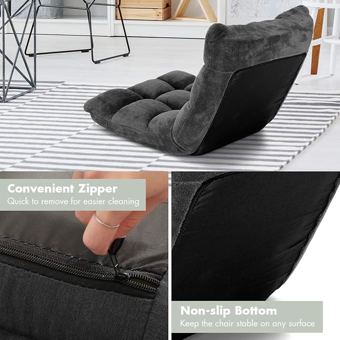 S AFSTAR Cushioned Floor Chair 14-Position Adjustable Padded Lazy Recliner with Comfortable Back Support and Skin-Friendly Cover Great for Reading Playing Game Meditating (Mysterious Black)