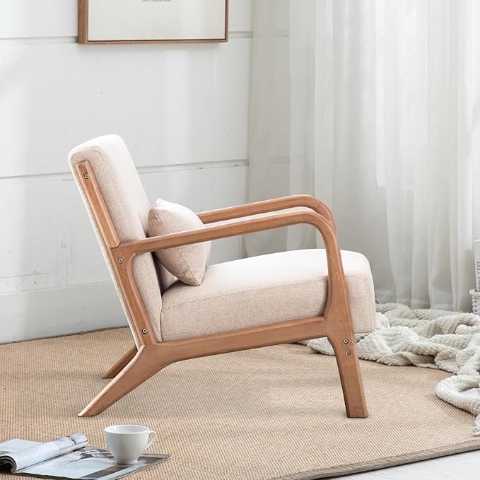 INZOY Mid Century Modern Accent Chair with Wood Frame Upholstered Living Room Chairs with Waist Cushion Reading Armchair for Bedroom Sunroom (Beige)