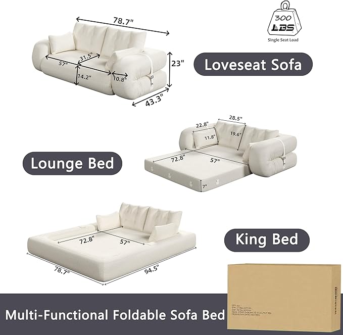 78.7 King Foldable Sofa Bed Lazy Sofa Couch 3-in-1 Multi-Functional Sleeper Sofa Bed Teddy Futon Sofa Floor Loveseat Sofa Human Dog Bed Bean Bag Lounge Recliner for Living Room Grey