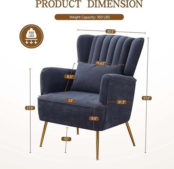 Fabric Accent Living Room Arm Chair Set of 2 Mid Century Modern Chairs with Pillow &amp Golden Legs 8.5 Thick Cushion Upholstered Comfy Sofa Armchair for Reading Room/Bedroom Navy