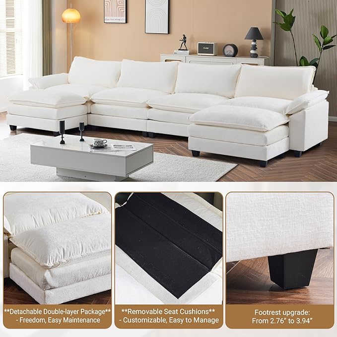 VINGLI 157 Cloud White/Cream Convertible Sectional Sofa Comfy U-Shape Extra Deep Seat Sofa Couch for Living RoomModern Chenille 4-Seat Convertible Sofa with 2 Movable Ottomans for Small Space