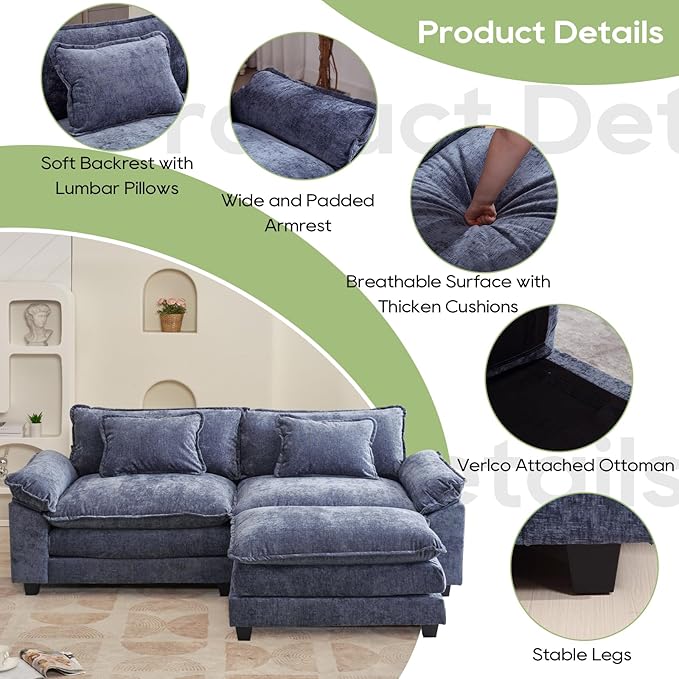 86 Modular Sectional Sofa Comfy Cloud Couch Sectional Sofa with Ottoman Chenille Sofa Sleeper Deep Seat Sofa with Throw Pillows for Living Room (Blue 86- L Shape)