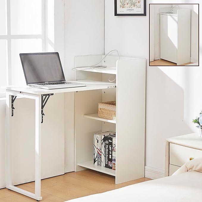 Fold Out Desk with Storage and Built-in Outlet Mid Century Foldable Desk for Small Spaces Hidden Folding Table for Home Office or Bedroom (White)
