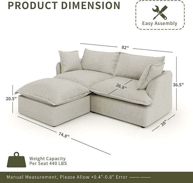 Linen Blend Cloud Couch Sectional for Living Room Comfy Down Filled Cloud Modular Sectional Sofa Modern Convertible Deep Seat Modular Couch Sleeper Sofa Bed Removable &amp Washable Covers
