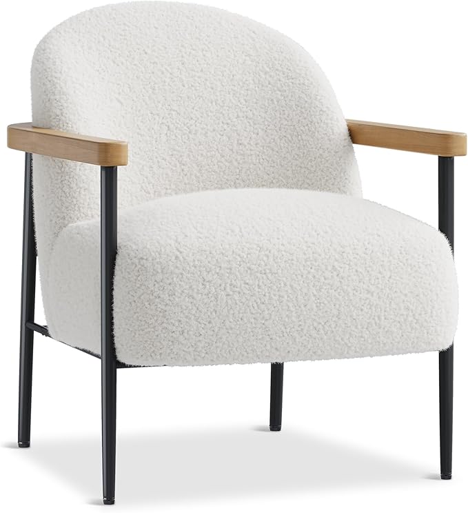 GarveeHome Mid-Century Accent Chair Set of 1 Teddy Fabric Chair with Metal Frame Adjustable Feet and Wood Arms for Living Room Bedroom Reception Room White