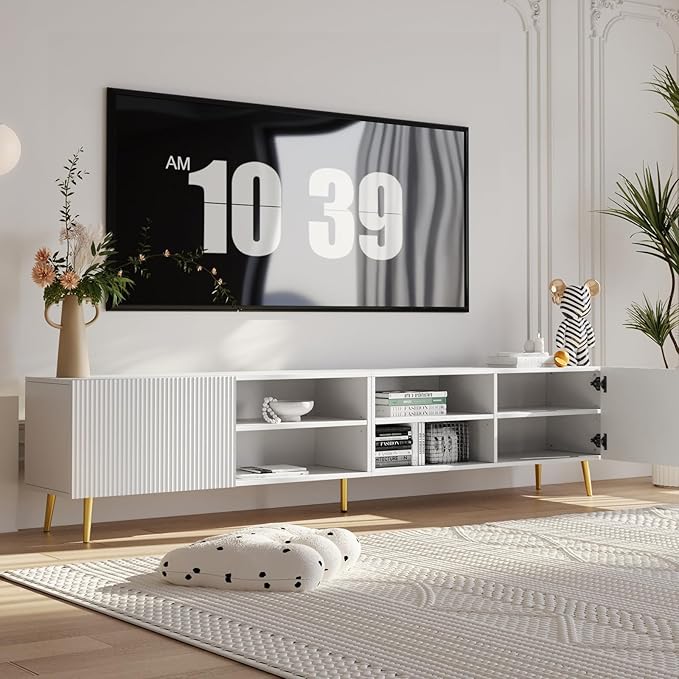 Modern 86in TV Stand for Living Room Fluted Design Entertainment Center with Adjustable ShelvesMedia TV Console Table with Storage for BedroomWhite
