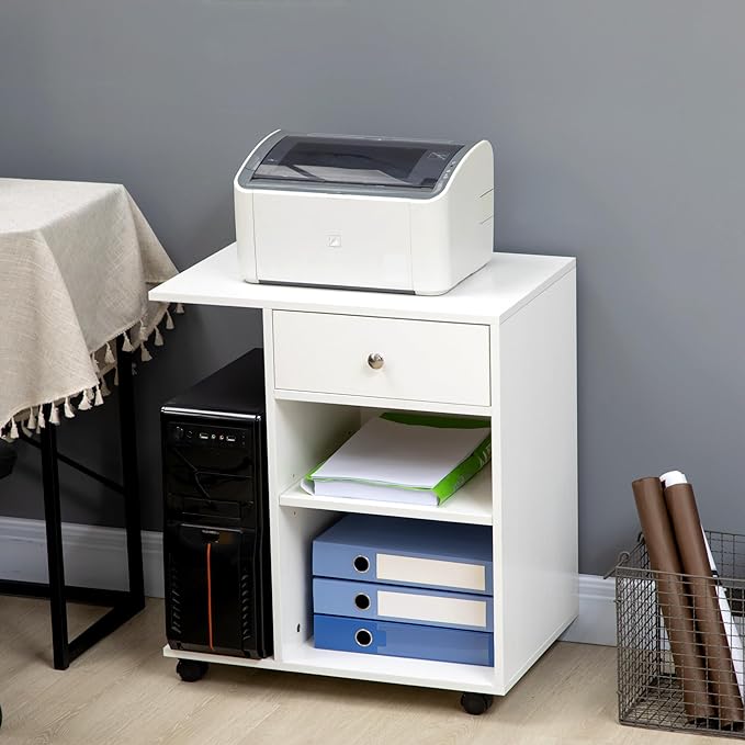 White Mobile Filing Cabinet with Drawer 2 Open Storage Spaces 4 Wheels Rectangular Portable Filing Cabinet Modern for Office Study Room