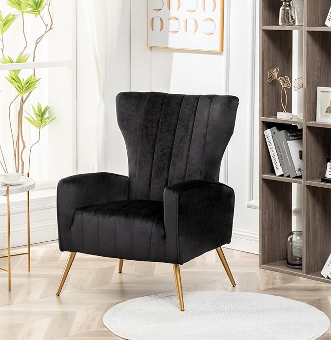 Modern Velvet Accent Chair Channel Tufted Bedroom Office or Living Room Furniture with Elegant Metal Legs 26 Wide Armchair Black