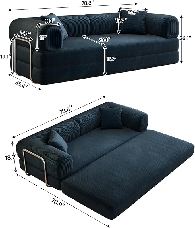 KEIKI 78.8 inch Compression Sofa Convertible Floor Sofa Bed Comfy Futon Couch Sleeper Bed Corduroy Folding Loveseats for Living Room Blue