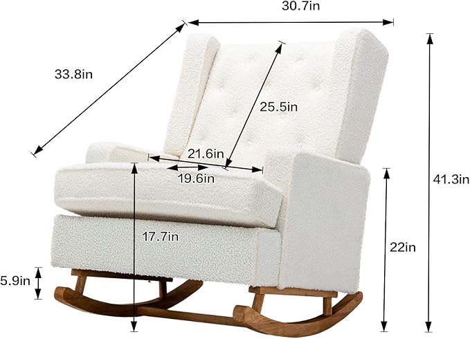 QQU Rocking Chair with Arms Leisure Teddy Fabric Chair IndoorComfy High Back Chair with Solid Wood Base Side Pocket for Living RoomBedroomOffice (White)