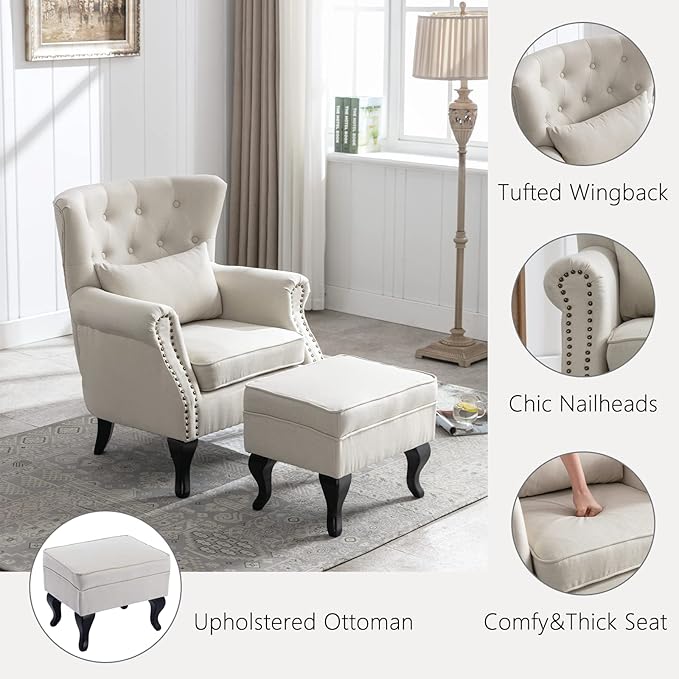 Mid Century Modern Accent Chair Upholstered Armchair Comfy Linen Fabric Tufted Wingback Single Sofa with Ottoman for Bedroom Living Room Beige