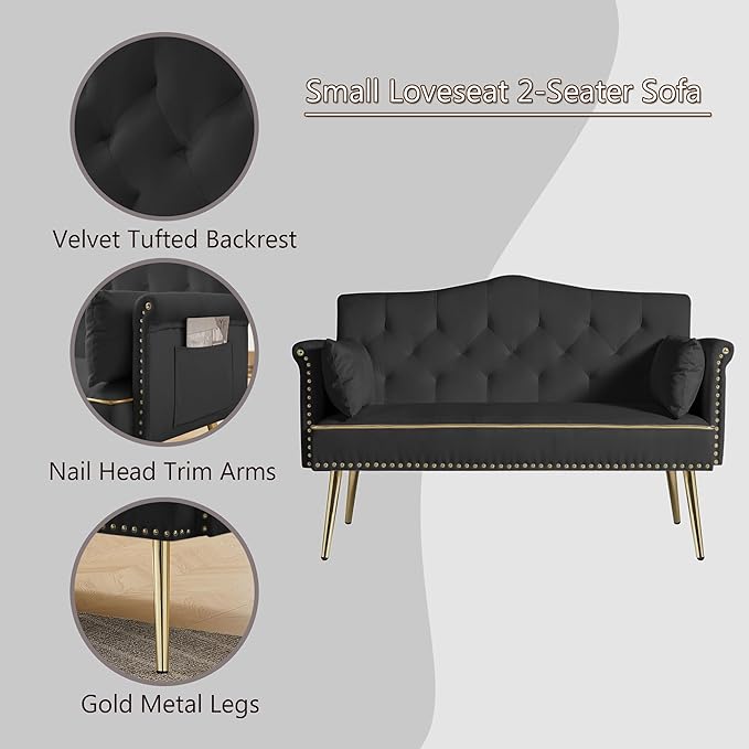 Velvet Loveseat SofaSmall 2 Seater Couch with Nailhead Trim and Side Pockets for Living Room Apartment (Black)